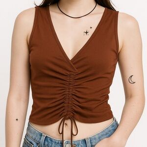 Y2K Paris Blues Brown Ruched Tie Front Top medium made in US